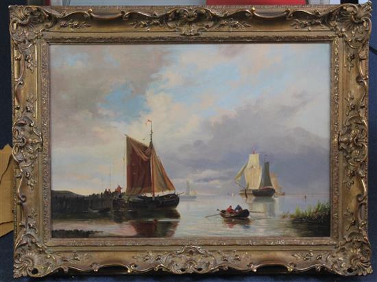 Gerardus Hendriks (Dutch 1804-1859) Sail barges and other shipping along the coast, 17 x 24in.